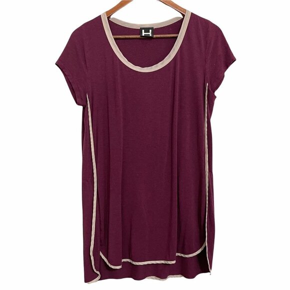 H by Bordeaux Women's Maroon Contrast Trim Short Sleeve Side Slit Blouse Medium - Picture 1 of 7